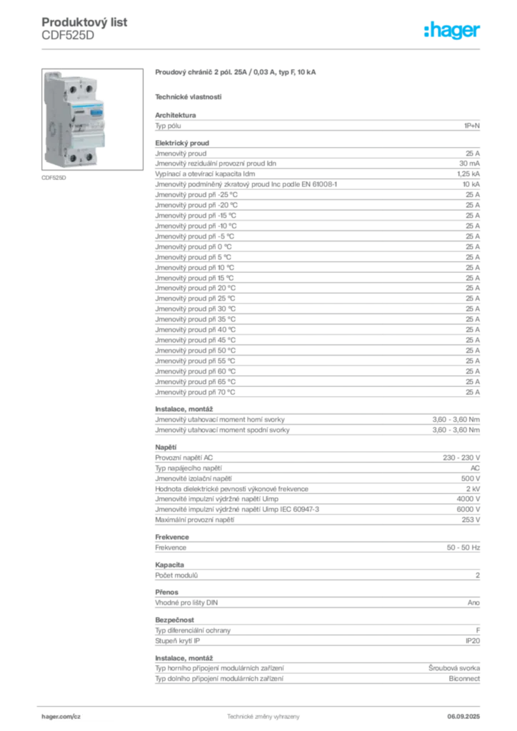 Obrázek Hager Produktový list CDF525D | Hager