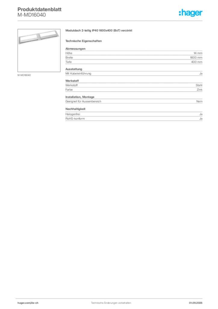 Bild Hager Produktdatenblatt M-MD16040 | Hager Schweiz