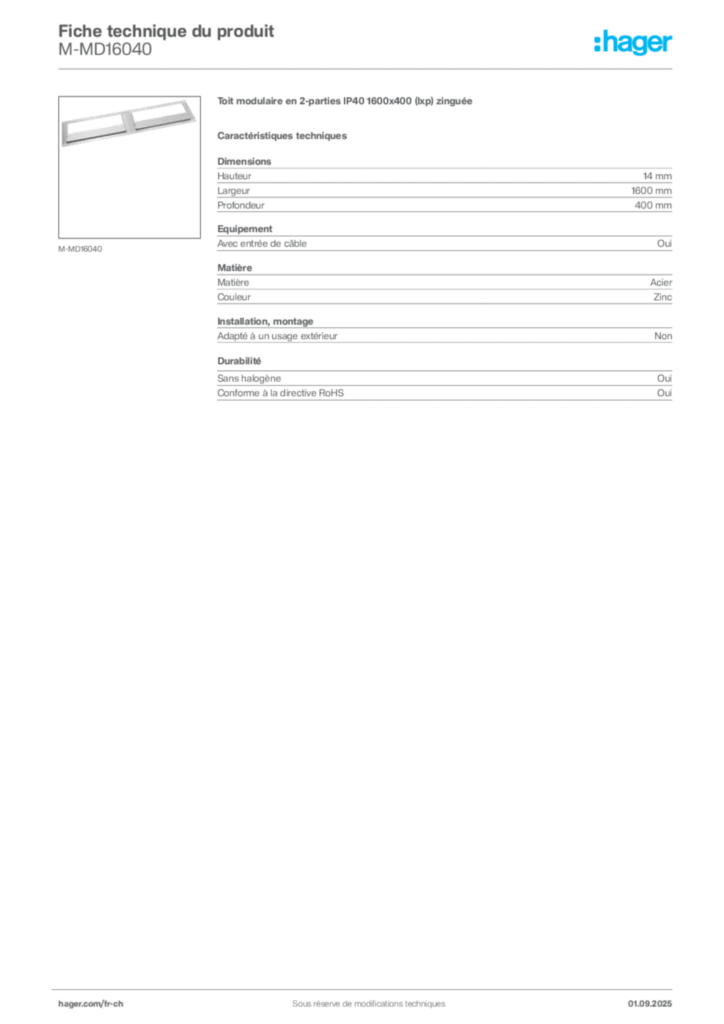 Image Hager Fiche technique du produit M-MD16040 | Hager Suisse