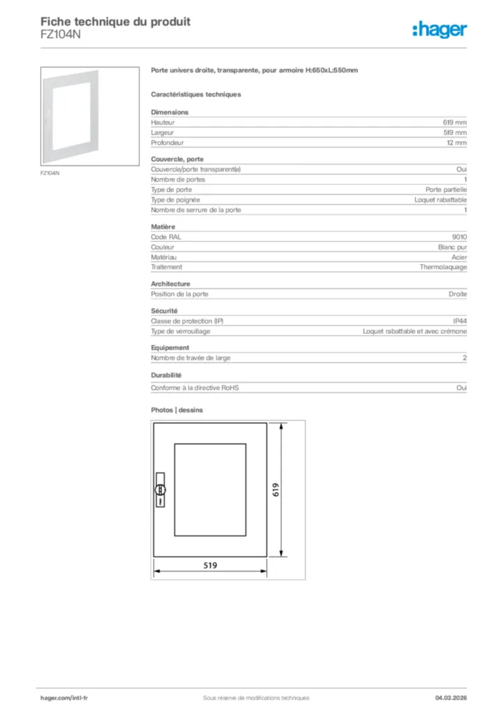 Image Hager Fiche technique du produit FZ104N | Hager Afrique