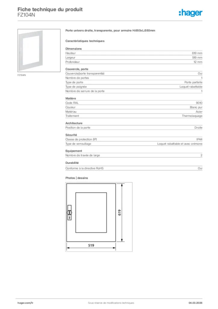 Image Hager Fiche technique du produit FZ104N | Hager France