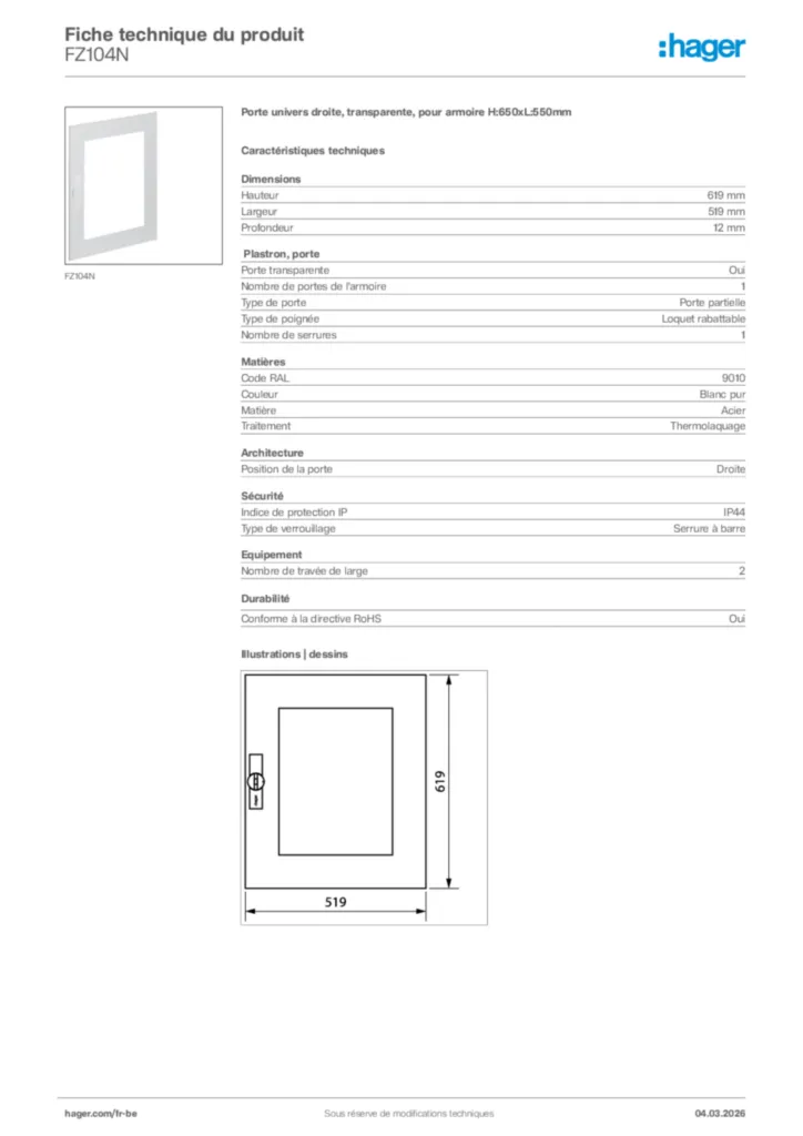 Image Hager Fiche technique du produit FZ104N | Hager Belgique