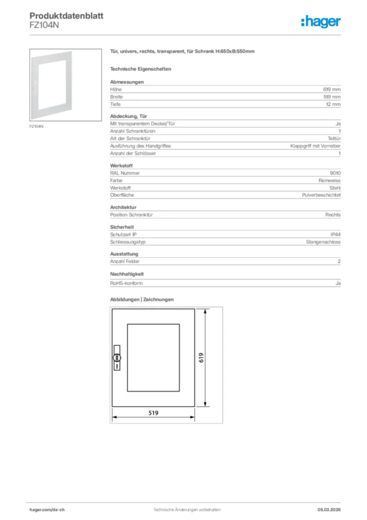 Bild Hager Produktdatenblatt FZ104N | Hager Schweiz