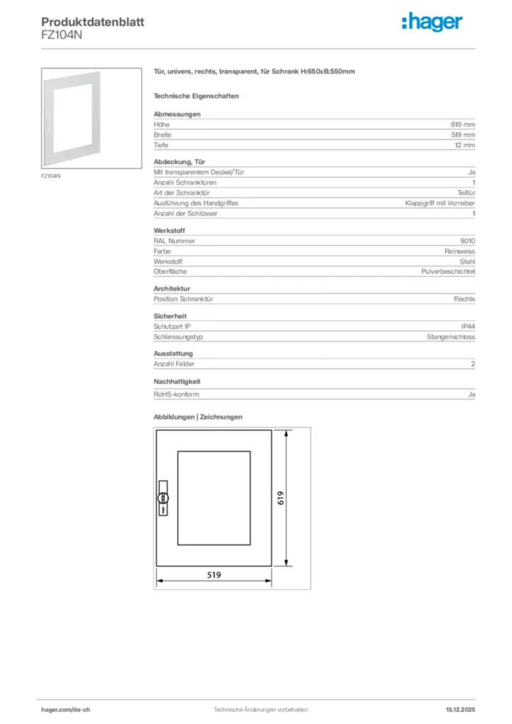 Bild Hager Produktdatenblatt FZ104N | Hager Schweiz