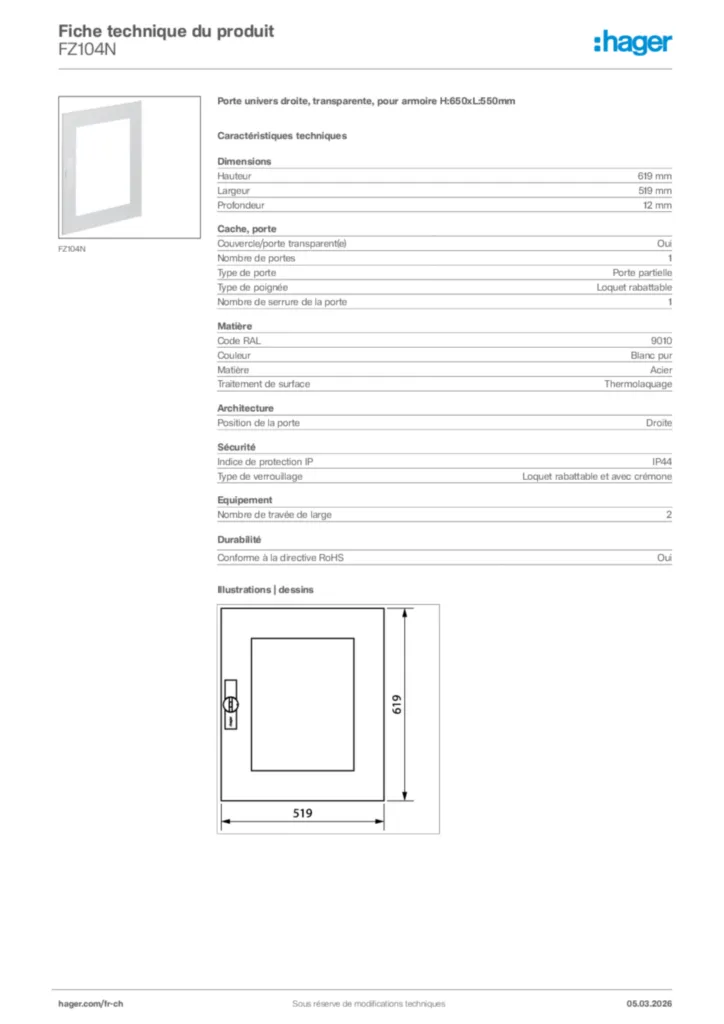 Image Hager Fiche technique du produit FZ104N | Hager Suisse