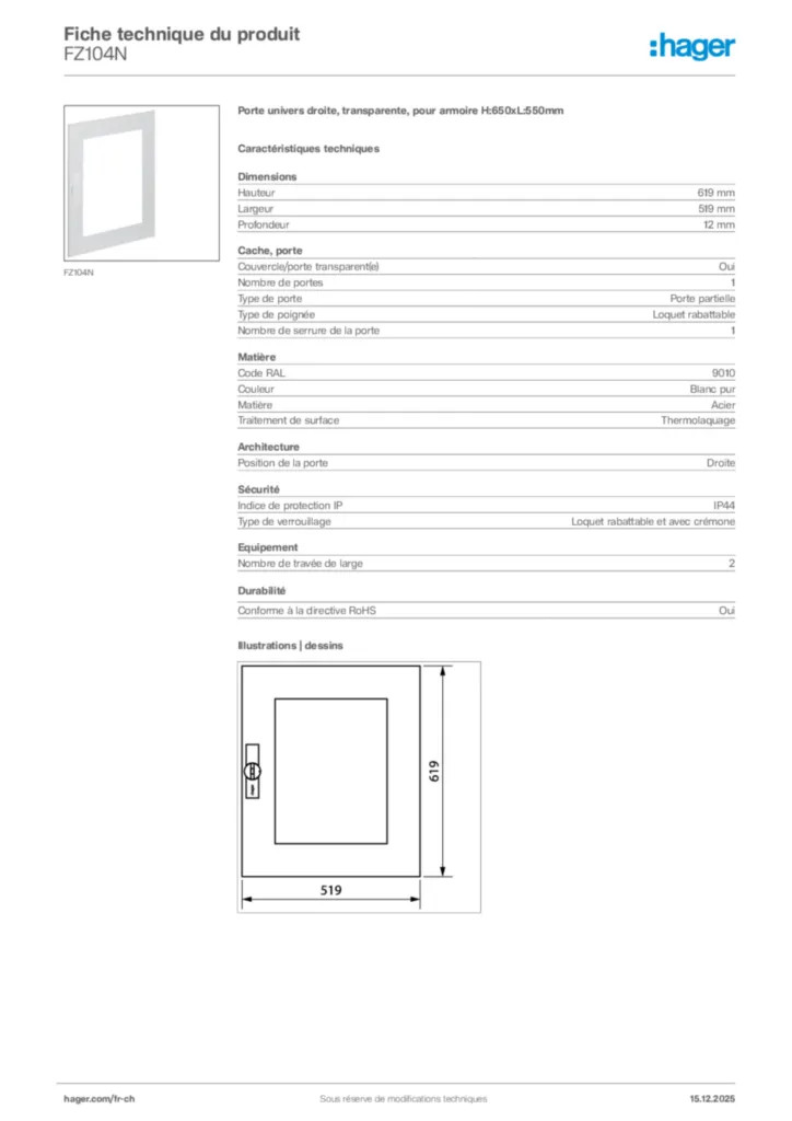 Image Hager Fiche technique du produit FZ104N | Hager Suisse