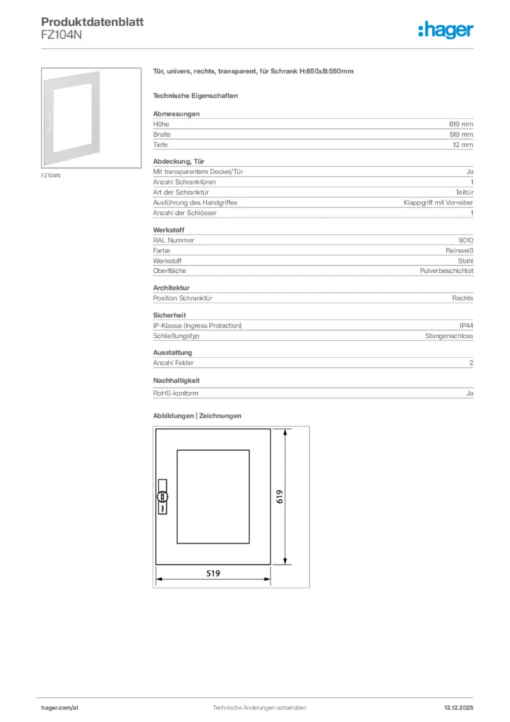 Bild Hager Produktdatenblatt FZ104N | Hager Deutschland
