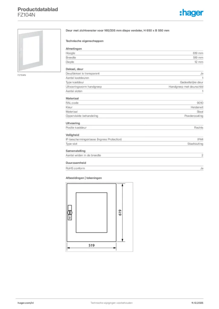 Afbeelding Hager Productdatablad FZ104N | Hager Nederland