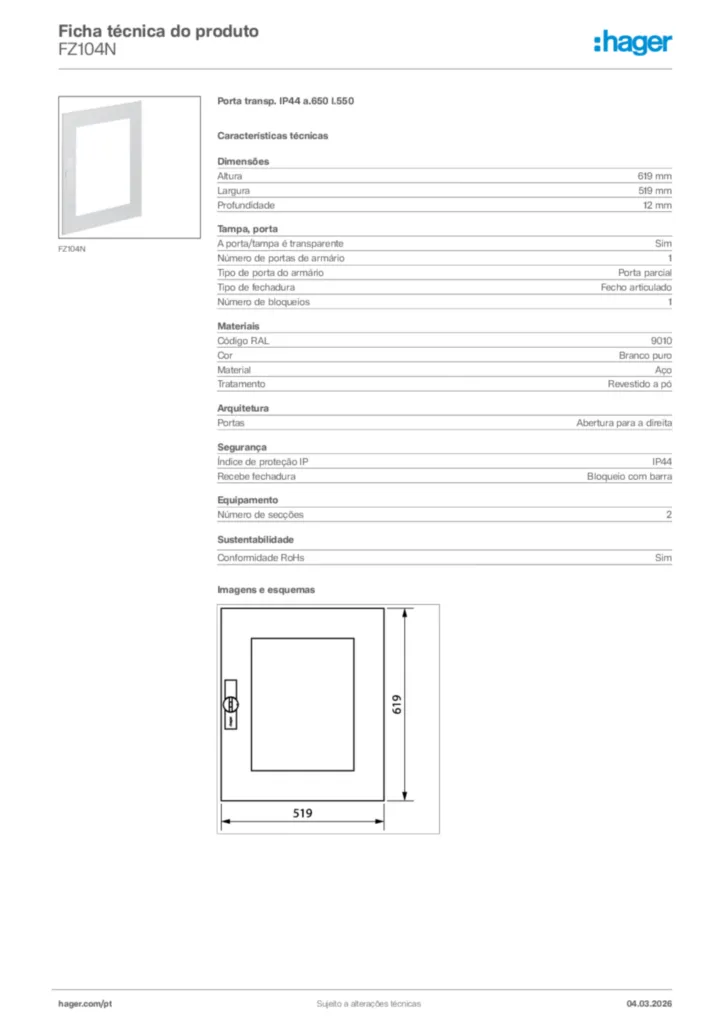 Imagem Hager Ficha técnica do produto FZ104N | Hager Portugal