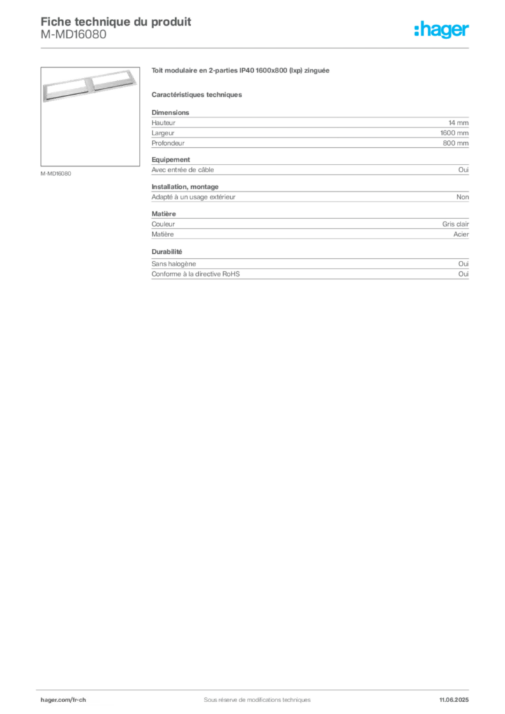 Image Hager Fiche technique du produit M-MD16080 | Hager Suisse