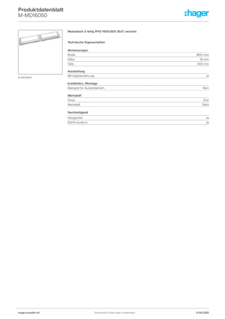 Bild Hager Produktdatenblatt M-MD16050 | Hager Schweiz