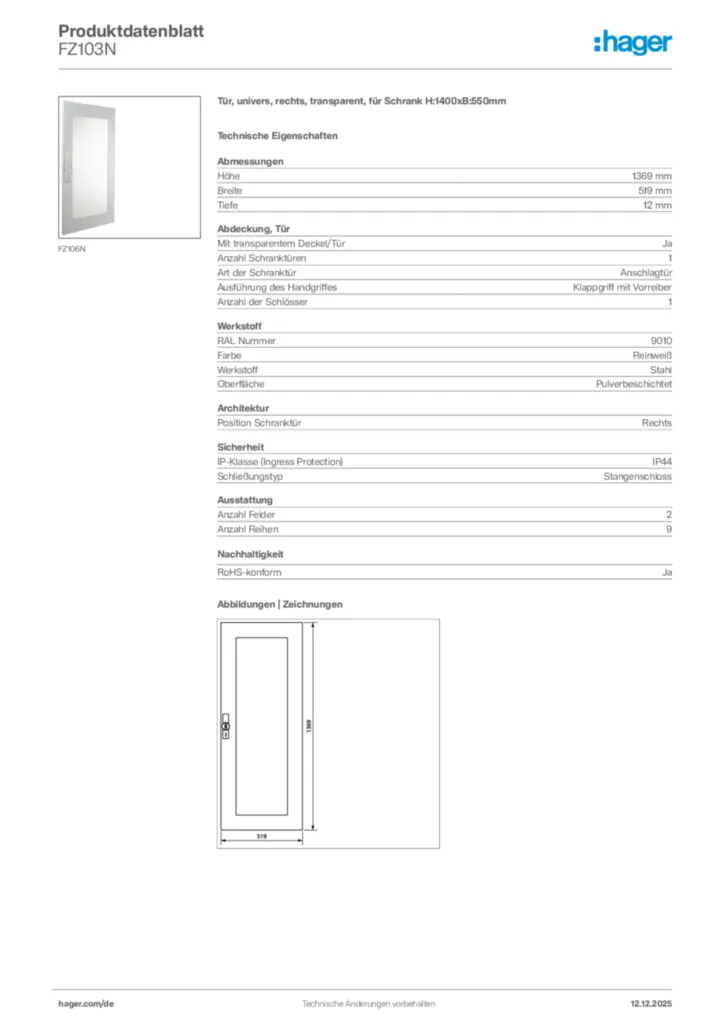 Hager Produktdatenblatt FZ103N