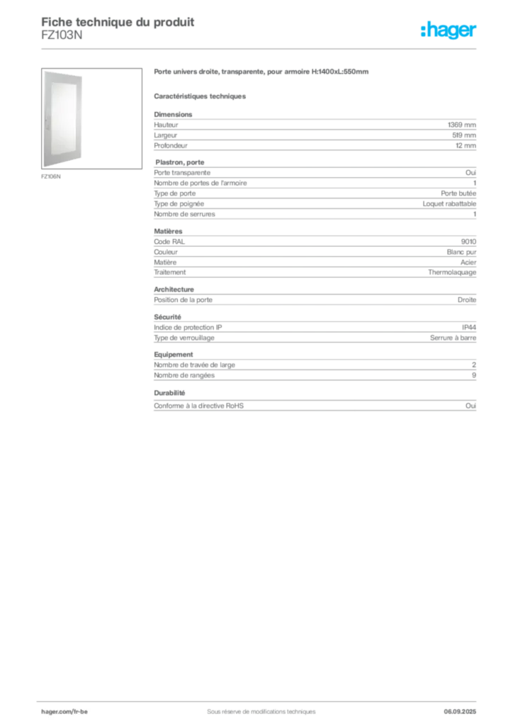 Image Hager Fiche technique du produit FZ103N | Hager Belgique