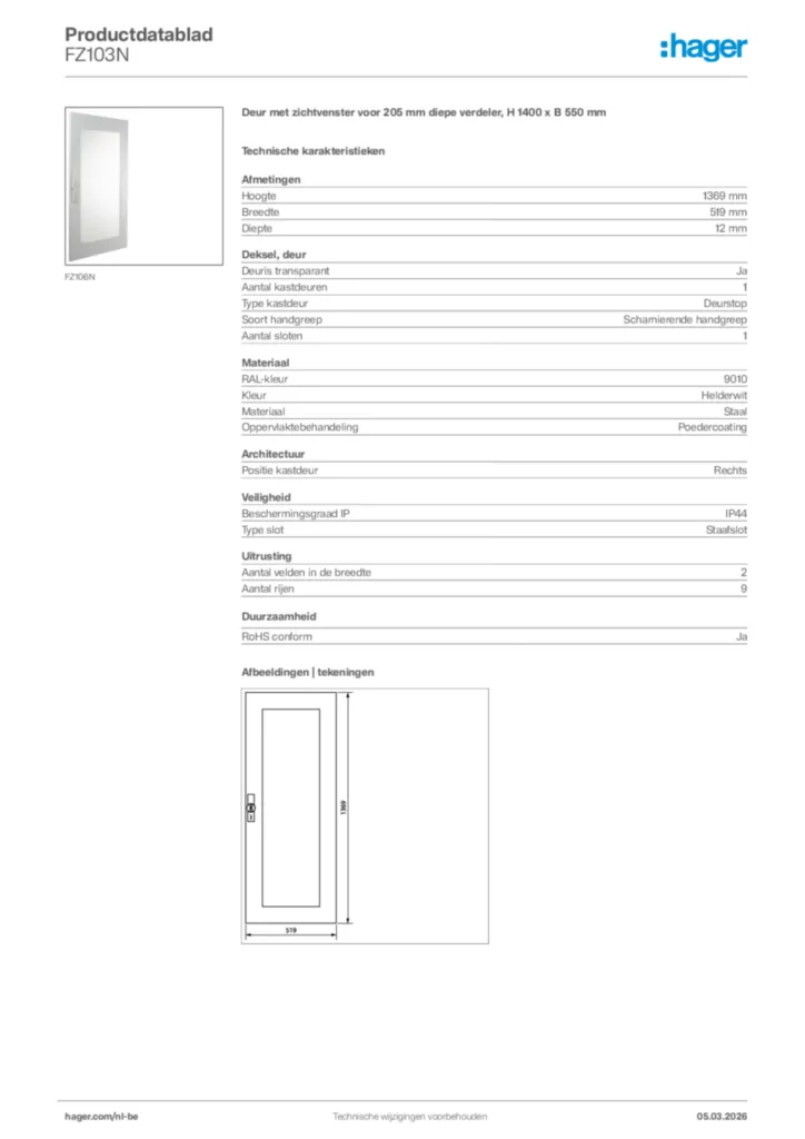 Afbeelding Hager Productdatablad FZ103N | Hager Belgium