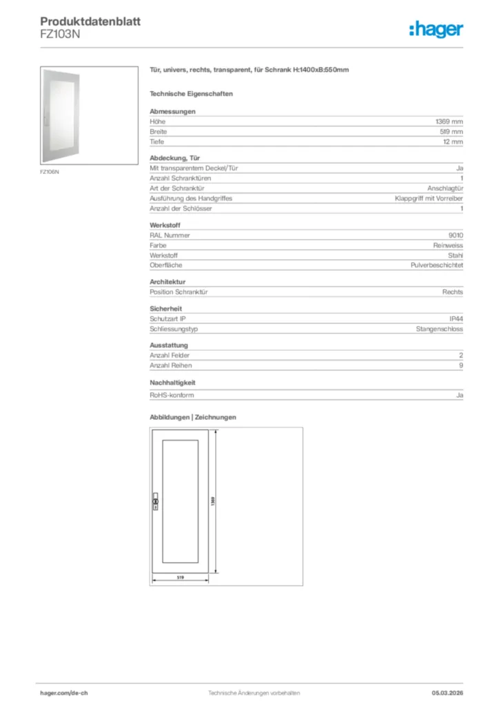 Bild Hager Produktdatenblatt FZ103N | Hager Schweiz