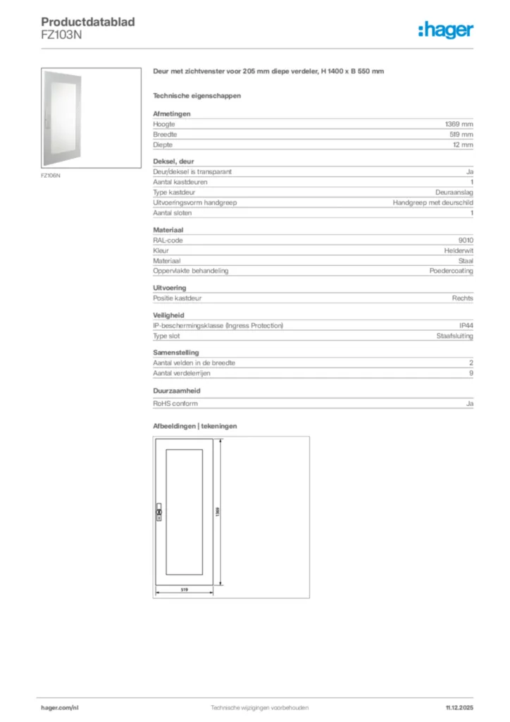 Afbeelding Hager Productdatablad FZ103N | Hager Nederland