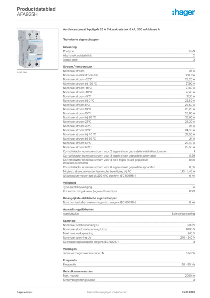 Afbeelding Hager Productdatablad AFA925H | Hager Nederland