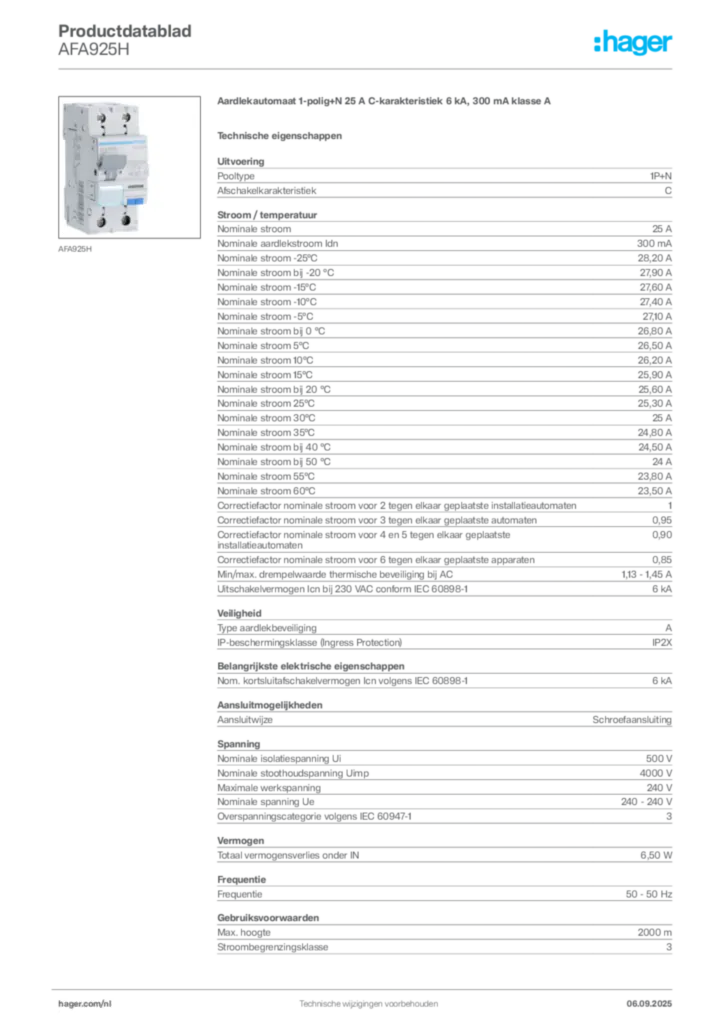 Afbeelding Hager Productdatablad AFA925H | Hager Nederland