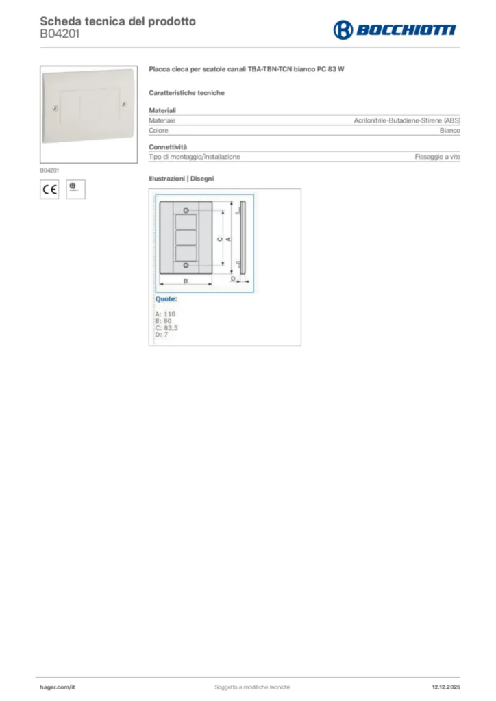 Immagine Bocchiotti Scheda tecnica del prodotto B04201 | Hager Italia