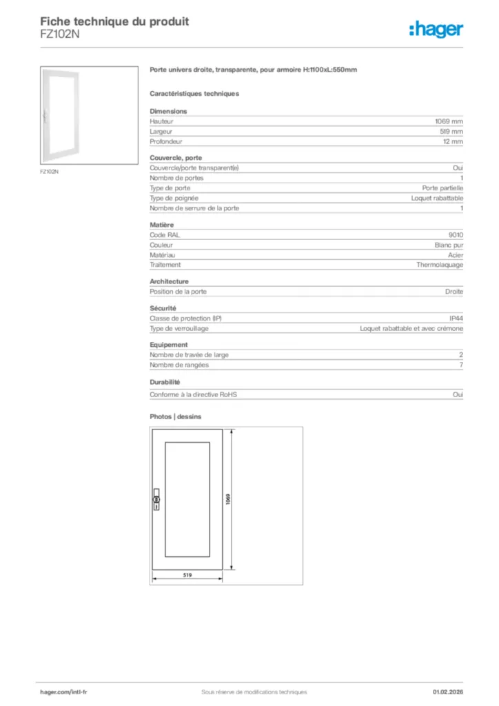 Image Hager Fiche technique du produit FZ102N | Hager Afrique