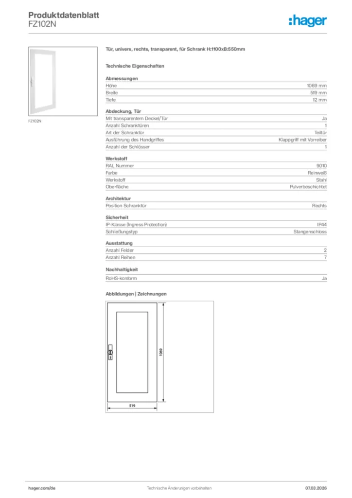 Bild Hager Produktdatenblatt FZ102N | Hager Deutschland
