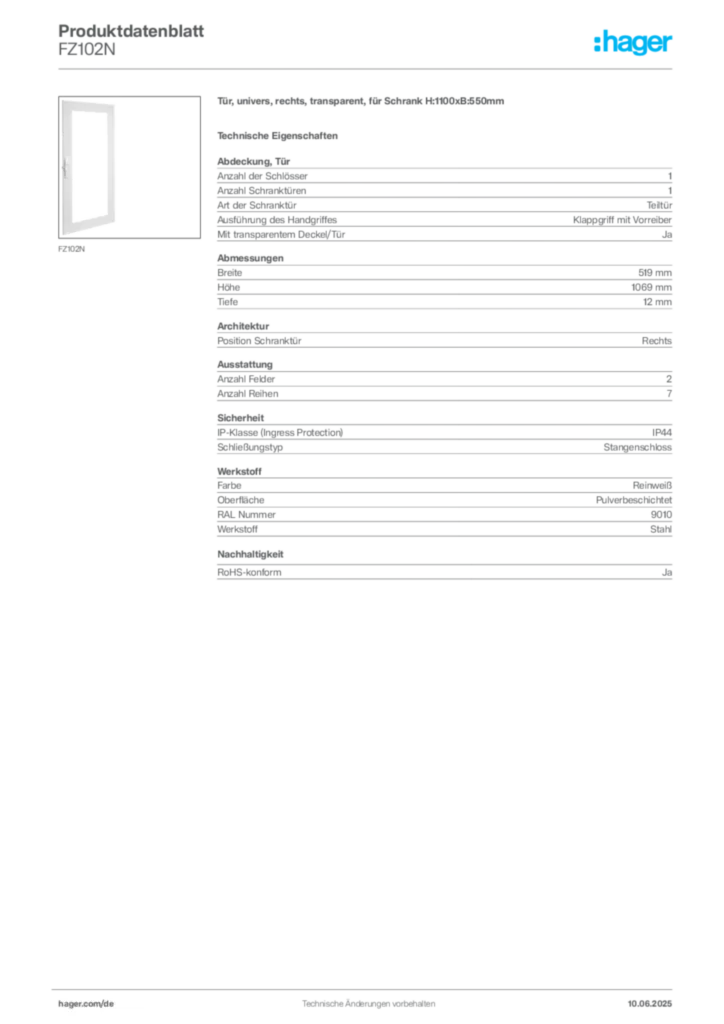 Hager Produktdatenblatt FZ102N