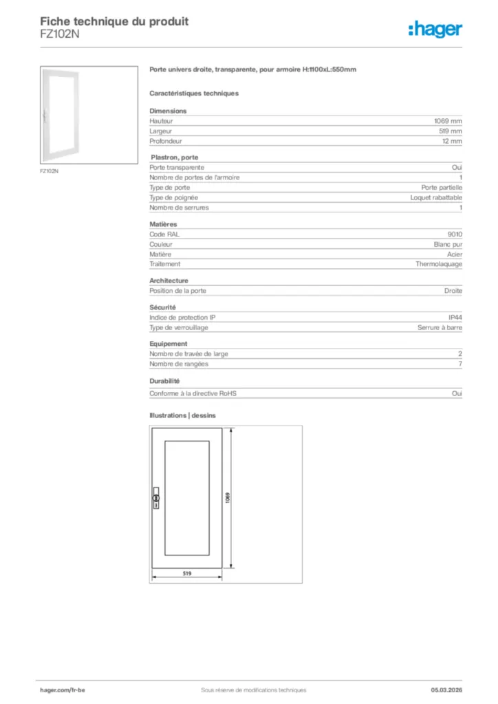 Image Hager Fiche technique du produit FZ102N | Hager Belgique
