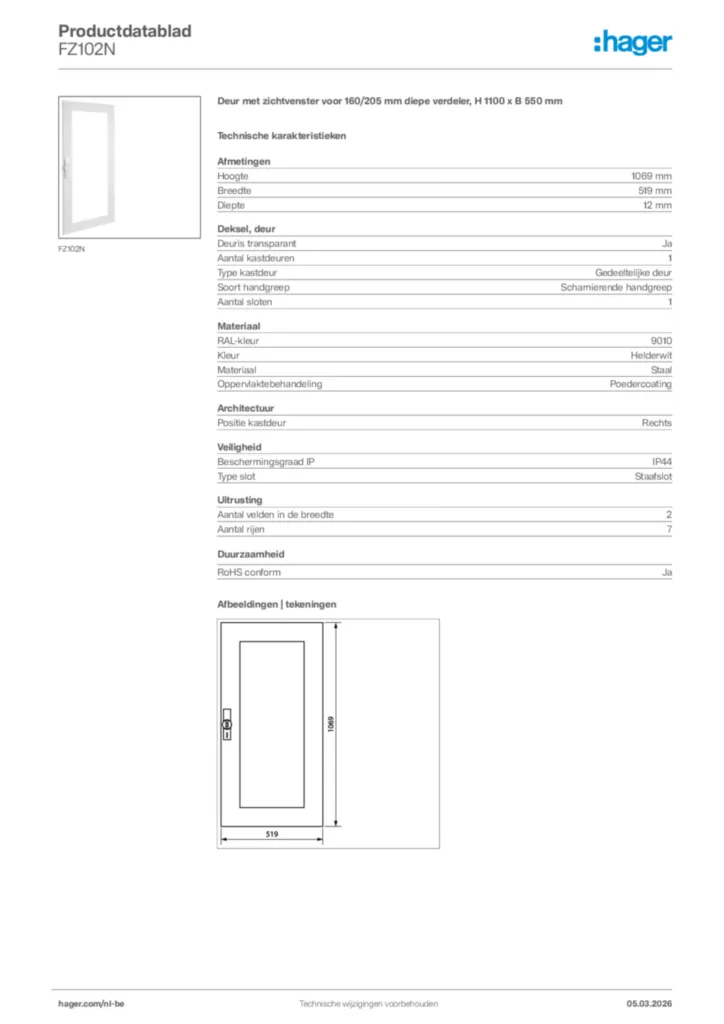 Afbeelding Hager Productdatablad FZ102N | Hager Belgium