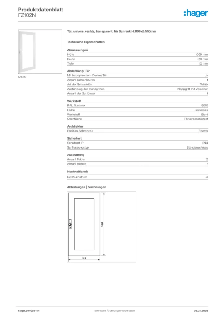 Bild Hager Produktdatenblatt FZ102N | Hager Schweiz