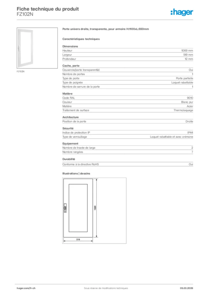 Image Hager Fiche technique du produit FZ102N | Hager Suisse