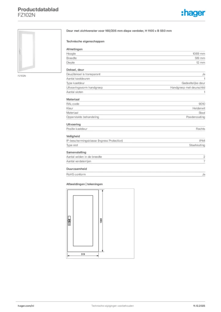 Afbeelding Hager Productdatablad FZ102N | Hager Nederland