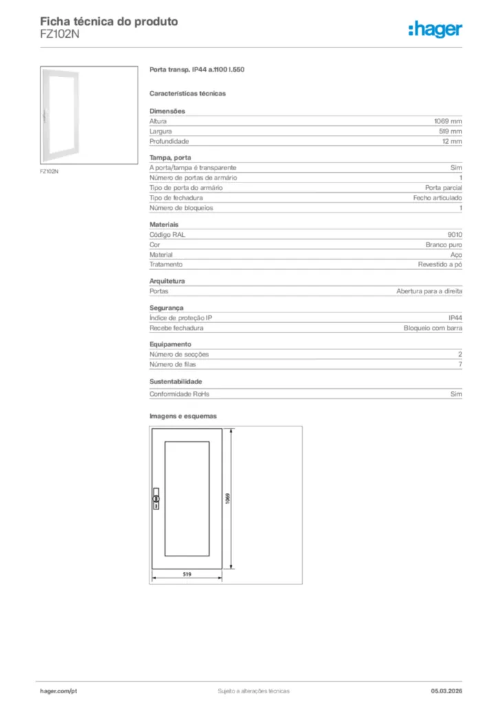 Imagem Hager Ficha técnica do produto FZ102N | Hager Portugal