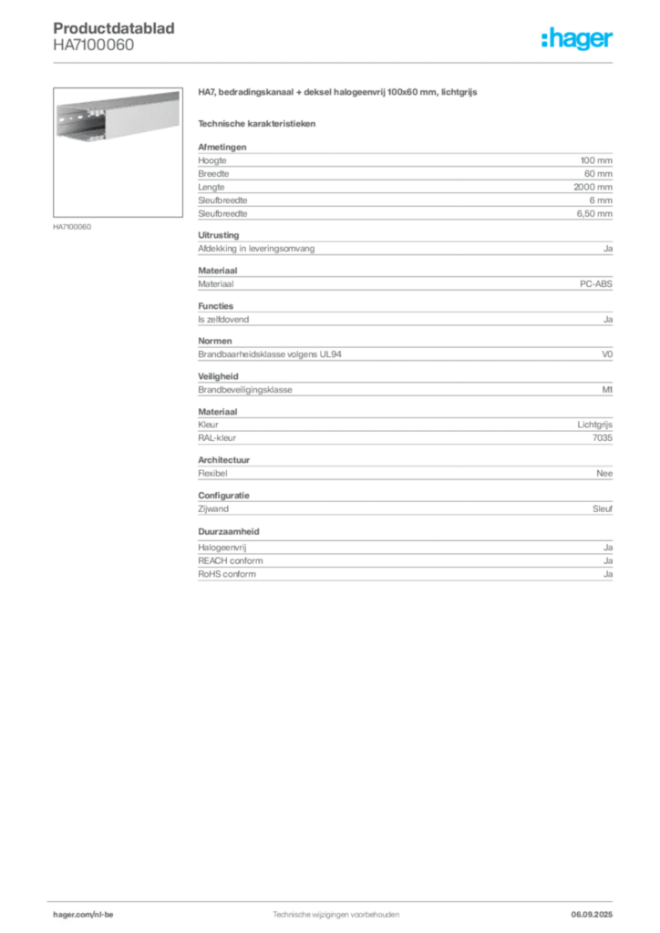 Afbeelding Hager Productdatablad HA7100060 | Hager Belgium