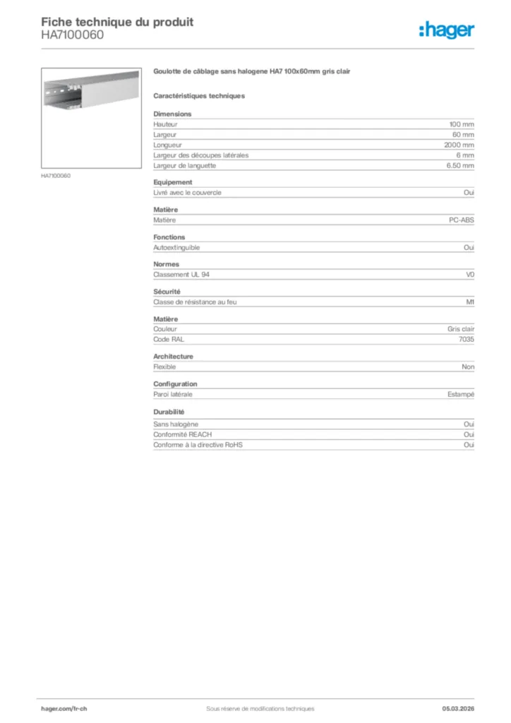 Image Hager Fiche technique du produit HA7100060 | Hager Suisse