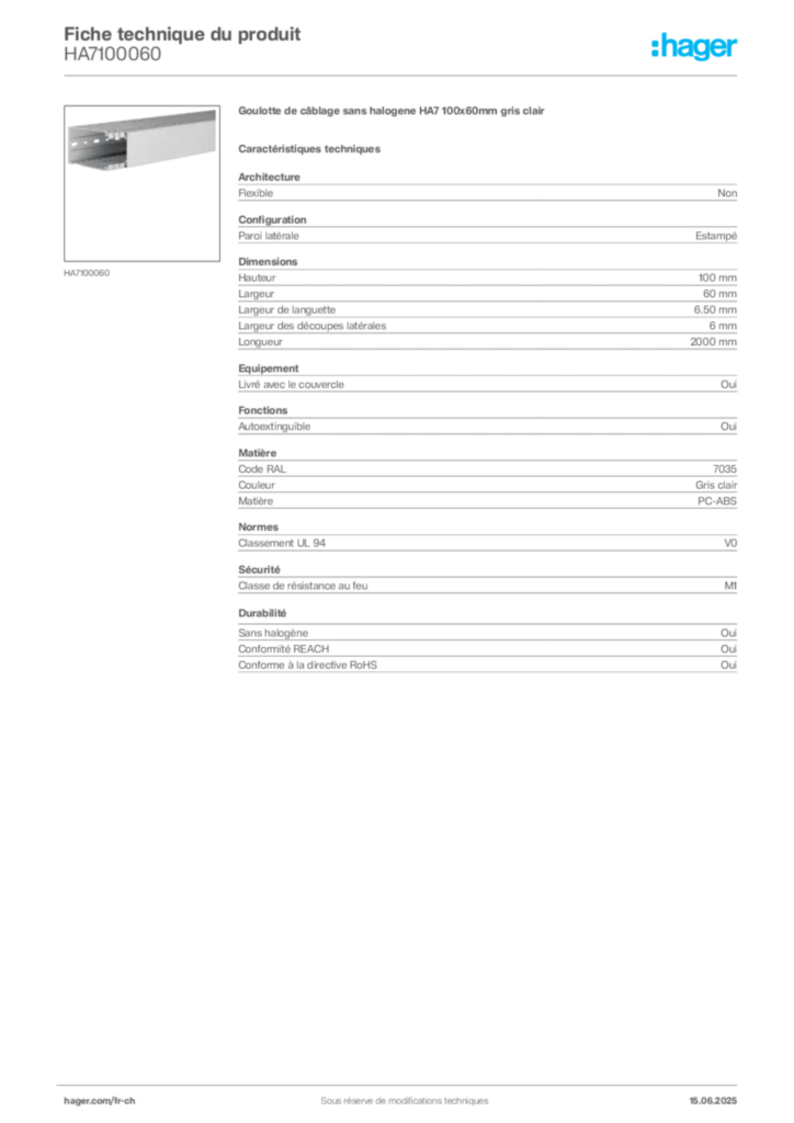 Image Hager Fiche technique du produit HA7100060 | Hager Suisse