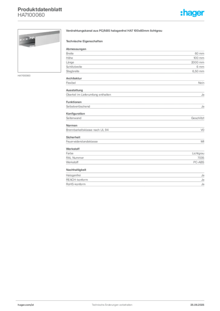 Bild Hager Produktdatenblatt HA7100060 | Hager Deutschland