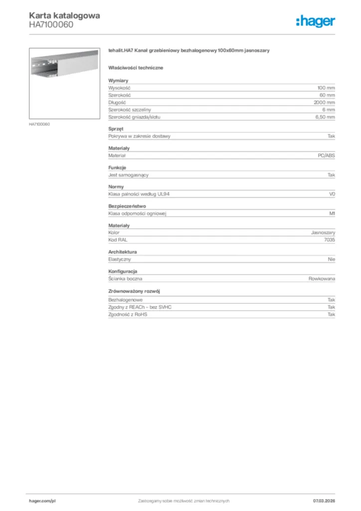 Zdjęcie Hager Karta katalogowa HA7100060 | Hager Polska
