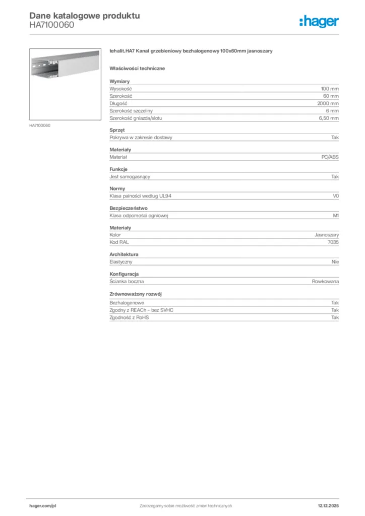 Zdjęcie Hager Dane katalogowe produktu HA7100060 | Hager Polska