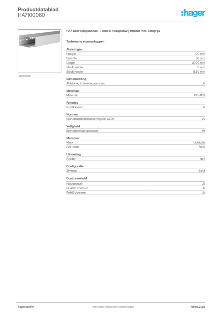 Afbeelding Hager Productdatablad HA7100060 | Hager Nederland