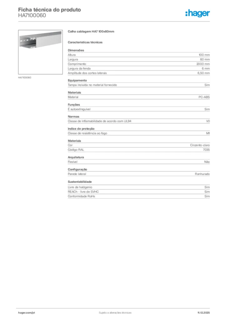 Imagem Hager Ficha técnica do produto HA7100060 | Hager Portugal