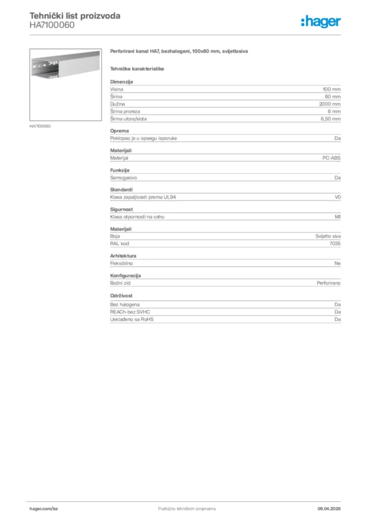 Slika Hager Tehnički list proizvoda HA7100060  | Hager