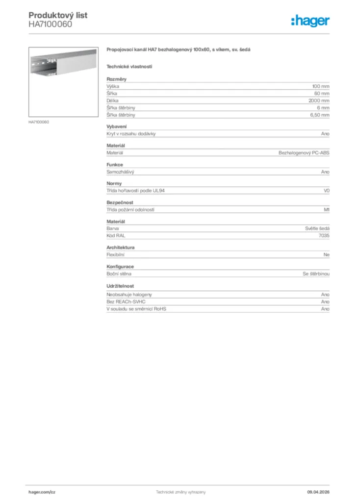 Obrázek Hager Product data sheet HA7100060 | Hager