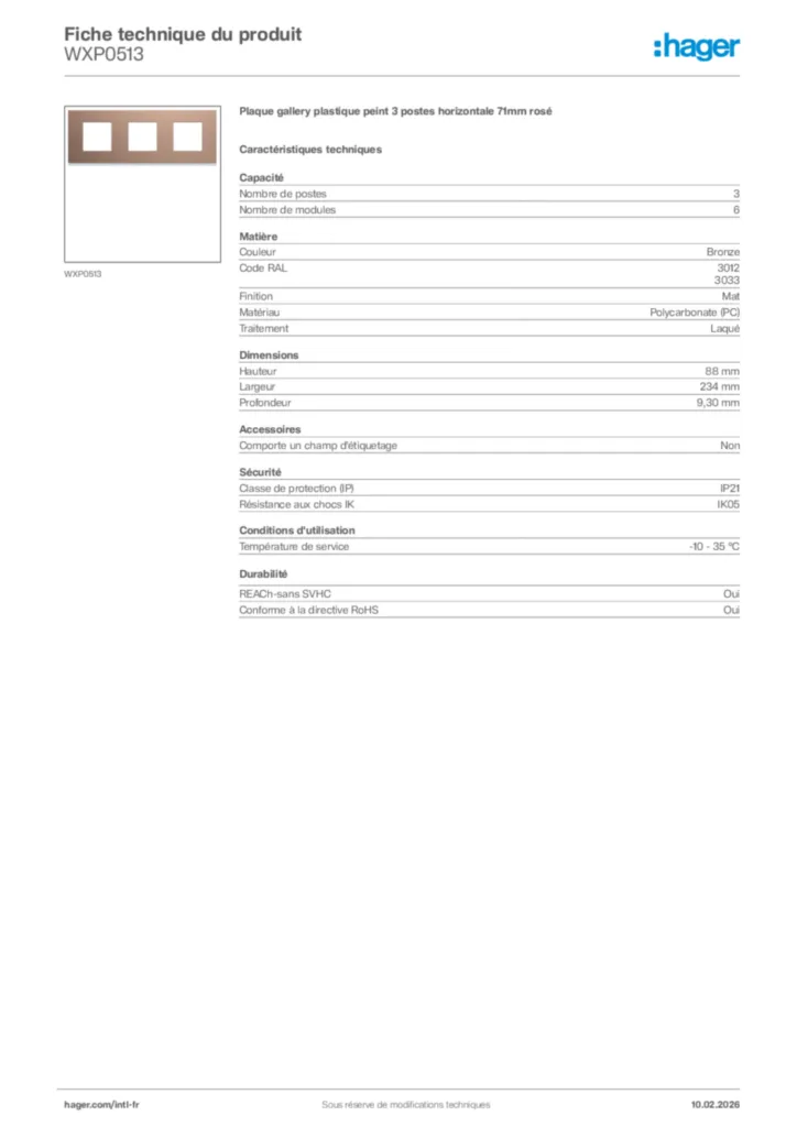 Image Hager Fiche technique du produit WXP0513 | Hager Afrique