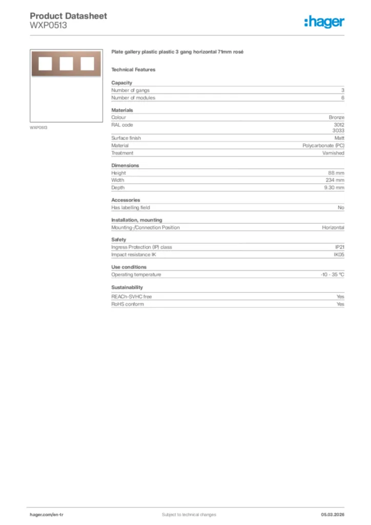 Image Hager Product data sheet WXP0513  | Hager
