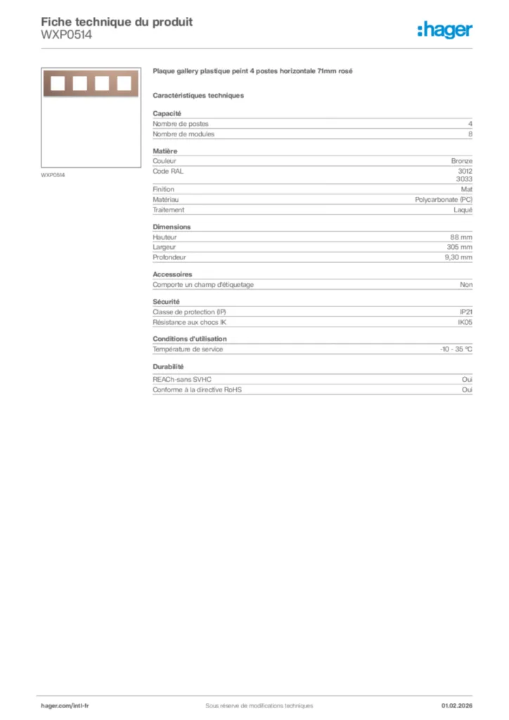 Image Hager Fiche technique du produit WXP0514 | Hager Afrique