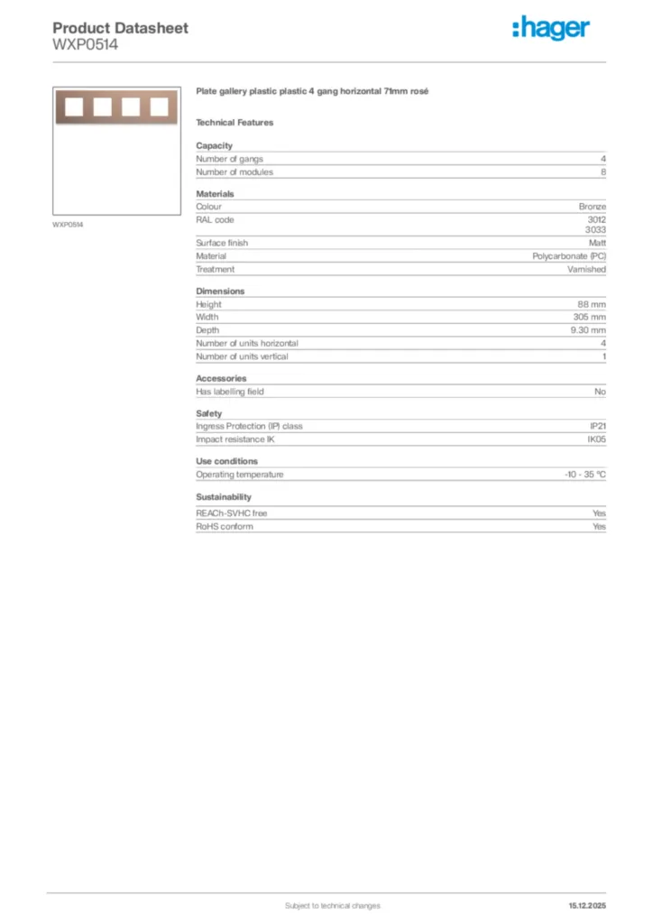 Image Hager Product data sheet WXP0514  | Hager