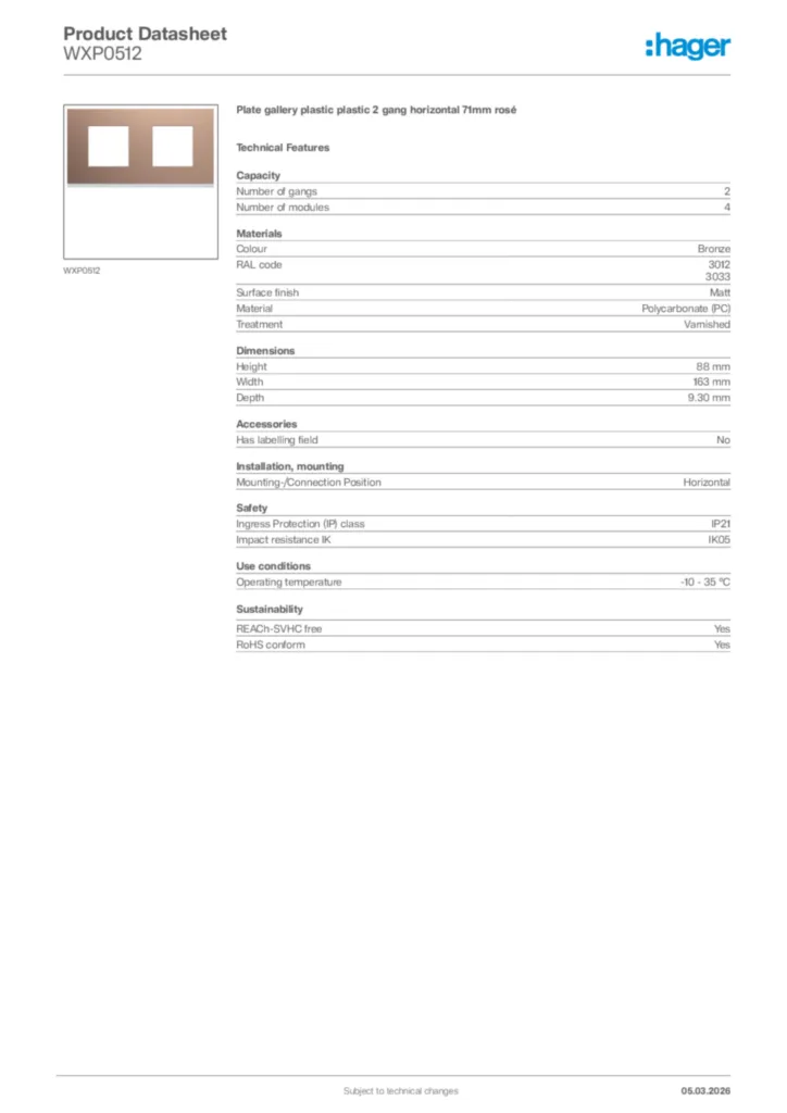 Image Hager Product data sheet WXP0512  | Hager Africa