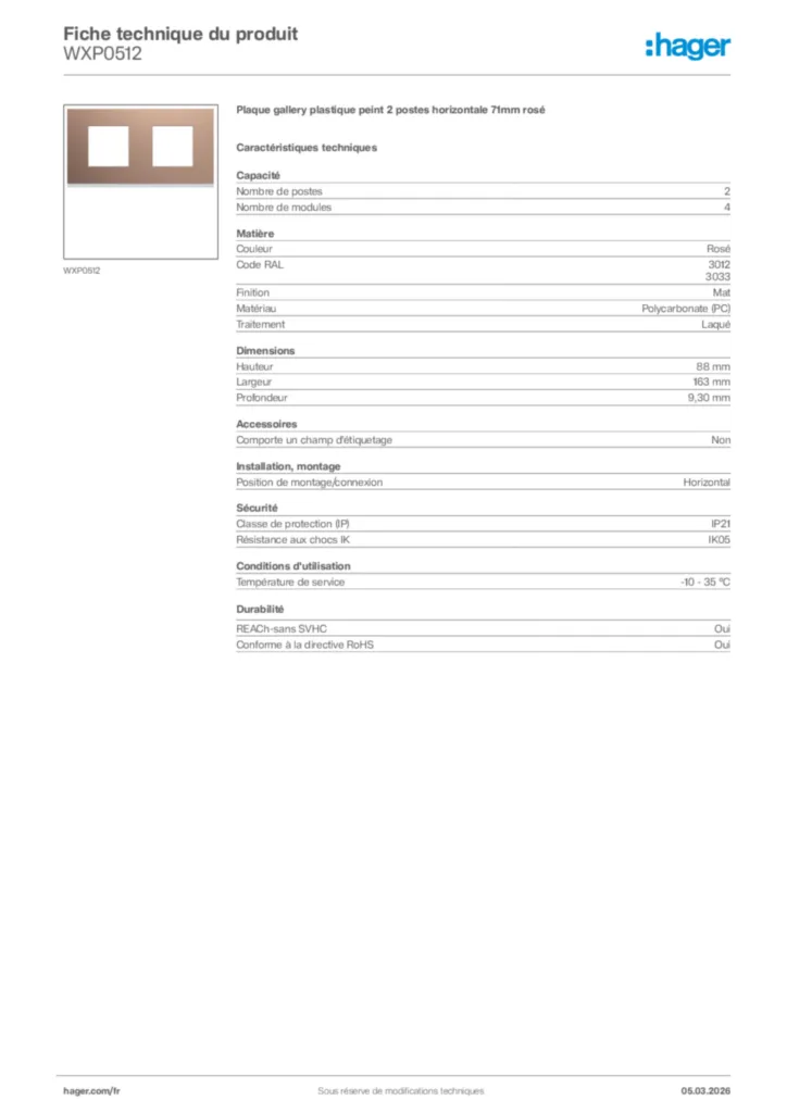 Image Hager Fiche technique du produit WXP0512 | Hager France