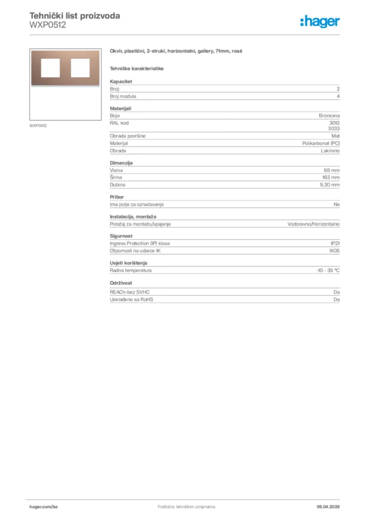 Slika Hager Tehnički list proizvoda WXP0512  | Hager