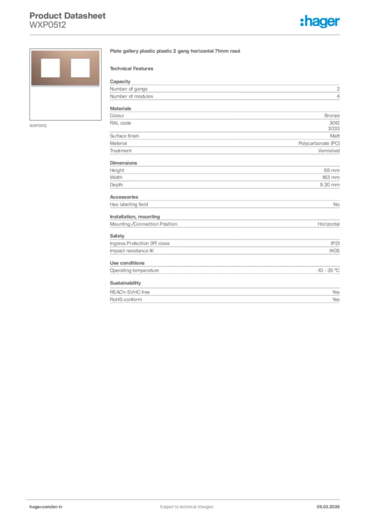 Image Hager Product data sheet WXP0512  | Hager